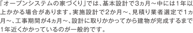 「オープンシステムの家づくり」では、基本設計で3ヵ月～中には1年以上かかる場合があります。実施設計で2か月～、見積り業者選定で1ヵ月～、工事期間が4ヵ月～、設計に取りかかってから建物が完成するまで1年近くかかっているのが一般的です。